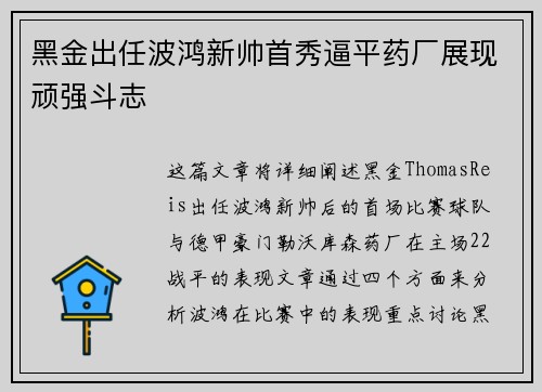 黑金出任波鸿新帅首秀逼平药厂展现顽强斗志 黑金出任波鸿新帅首秀逼平药厂展现顽强斗志